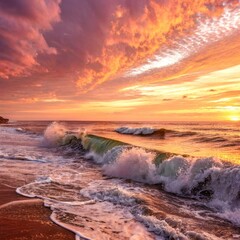 Fototapeta premium Ocean waves crashing on sandy beach at sunset with colorful sky, nature, tranquility, beauty