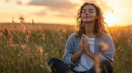 A young woman peacefully meditates in a golden field at sunset, enjoying a moment of mindfulness and relaxation.