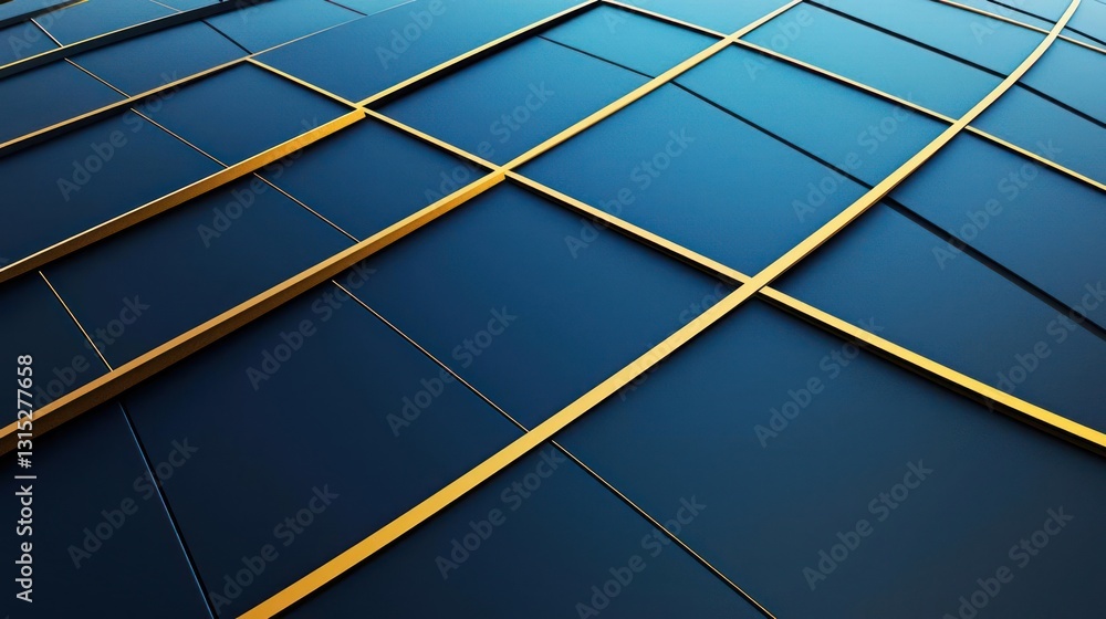 Poster abstract blue surface with golden geometric lines and grid pattern in dimensional perspective