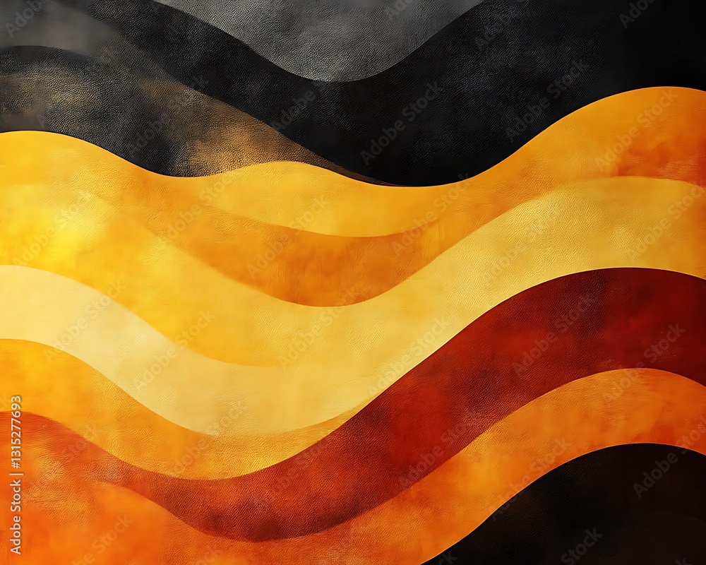 Poster abstract image of layered waves with warm color gradients