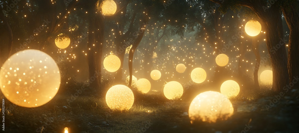 Poster ethereal neon orbs floating in a fantasy forest with a starry glow – a magical background and backdr