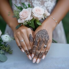 Bride's henna hands, roses, wedding rings, garden, ceremony