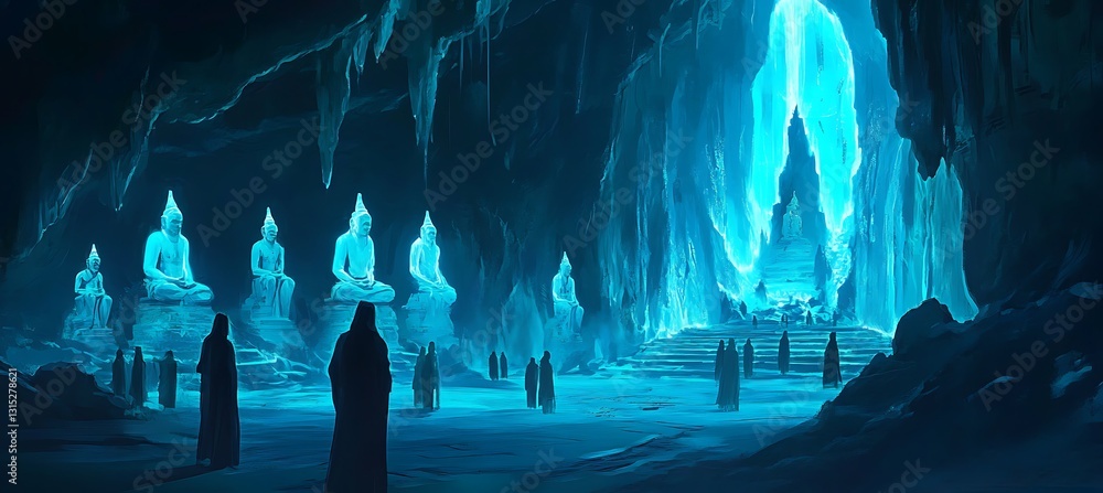 Poster a glowing neon backdrop of ancient statues in a mystical cavern with an abstract and futuristic look