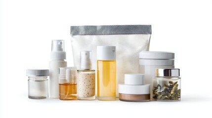 A set of travel-sized skincare products, neatly arranged in a transparent pouch, on a white isolated background