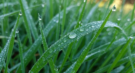 Dew Drops on Green Grass Blades Sparkling in Morning Light