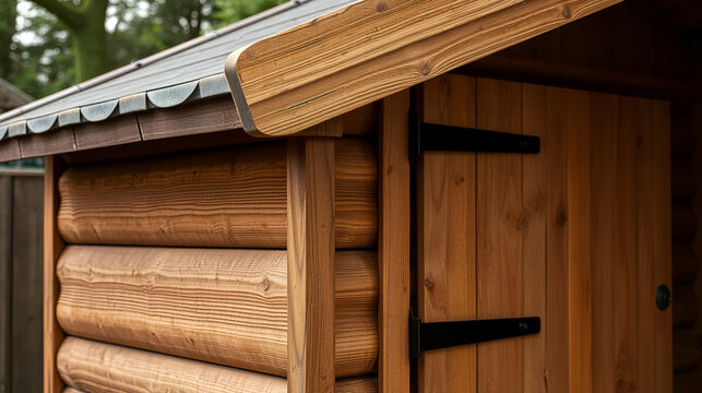 Close up shot of side of waney edge wooden rustic shed with door