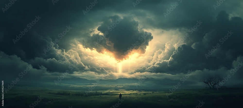 Poster beige neon rays in a dark cloudy background, creating a mysterious and dreamlike backdrop over the l