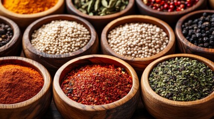 Variety of vibrant spices displayed in wooden bowls showcasing rich colors and textures for culinary inspiration