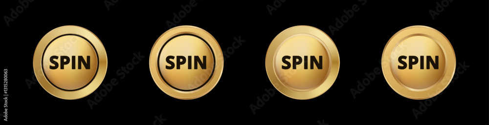 Poster gold circular buttons with the word spin. the letters are bold and prominent on each button.