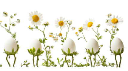 Daisy Darlings ? Small, daisy-like creatures with petal skirts and leafy limbs, joyfully arranging flowers into egg shapes on a white background --ar 16:9