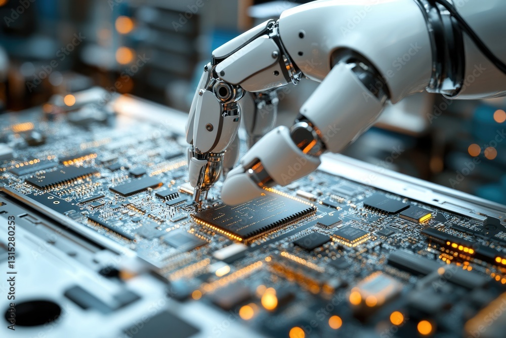 Aufkleber a robotic arm precisely places a microchip onto a circuit board, showcasing automation in electronic