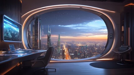 Futuristic office overlooking a vibrant city skyline