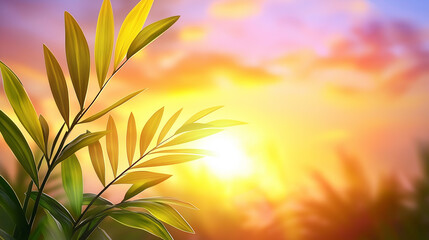 Obraz premium Tropical leaves silhouetted against a vibrant sunset with warm golden light