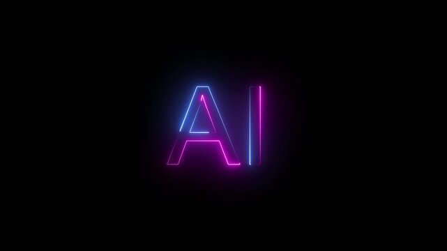  neon flickaring  AI text sign animation on dark background. 