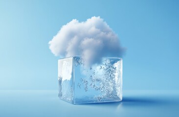 Cloud over a melting ice cube on blue background.