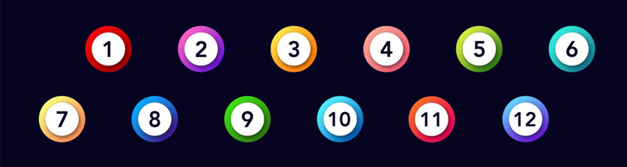 Circular design featuring numbers one to twelve. each number is displayed within a colorful circle.