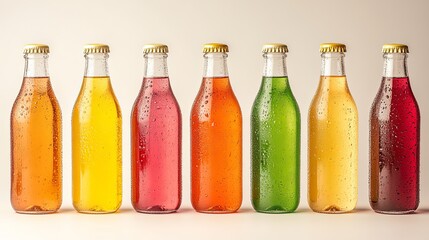 Colorful assortment of sparkling beverages displayed in glass bottles with caps arranged in a row