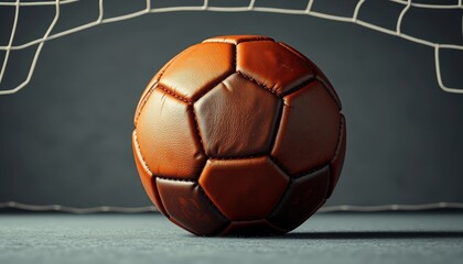 A handcrafted leather football rests on a dark surface, subtly positioned before a blurred soccer goal net, evoking a sense of anticipation and classic athleticism.