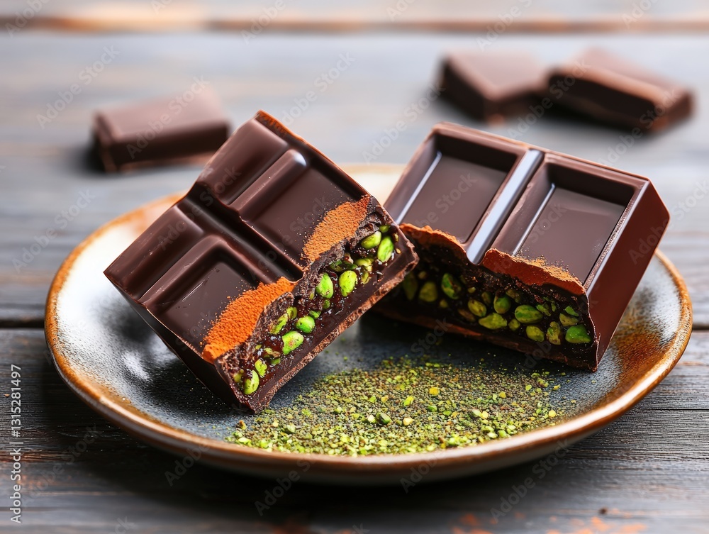 Poster beautifully crafted plate of assorted chocolates showcasing an array of flavors and textures in a du