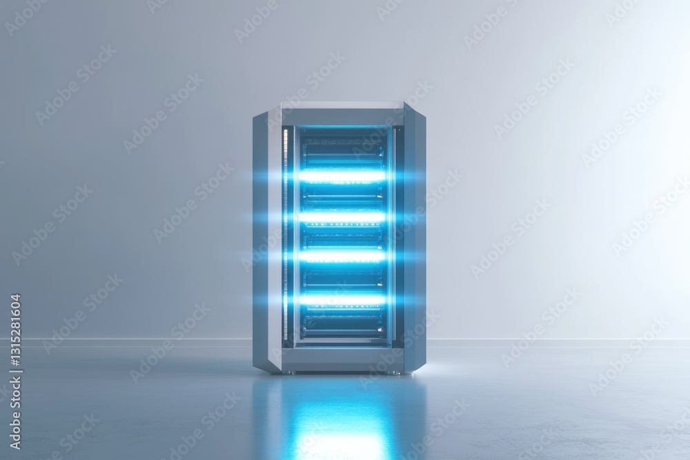 Aufkleber futuristic server rack with glowing blue lights, showcasing advanced technology and data processing.