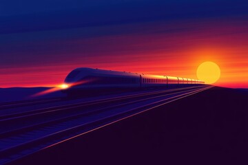 Obraz premium A high-speed train speeds towards a vibrant sunset, a journey of progress and modern travel.