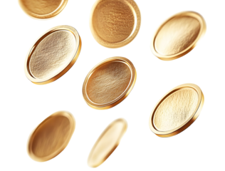 Floating gold coins in motion, isolated on transparent cutout background