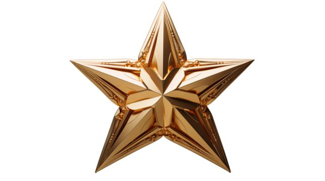 Golden Star Award 3D Luxury Design, Shiny Trophy for Success and Victory, isolated on transparent background.