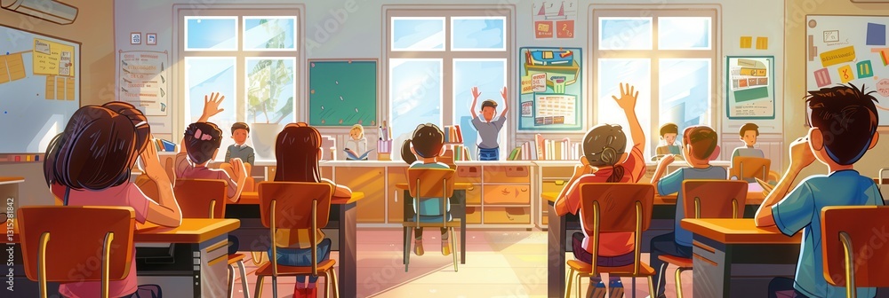Poster engaged students in a vibrant classroom setting with activities promoting learning and interaction
