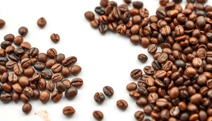 Obraz premium Close-up of roasted coffee beans on a pristine white background, overhead, brown