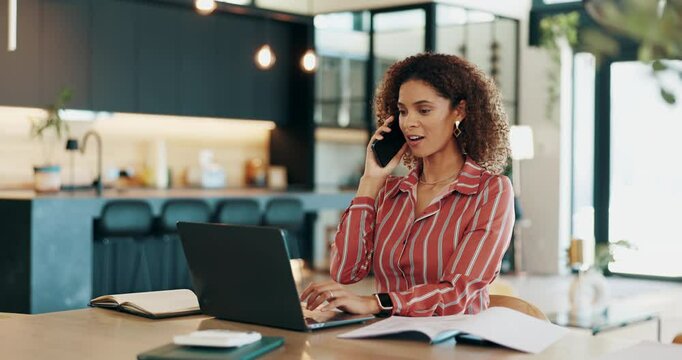 Laptop, phone call and woman with schedule, online report or networking negotiation or communication. Smartphone, remote work or home consultant with business website for freelance project discussion