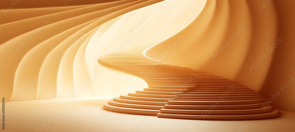 Poster aesthetic beige neon spiral staircase background flowing into a luminous void with an elegant and sm