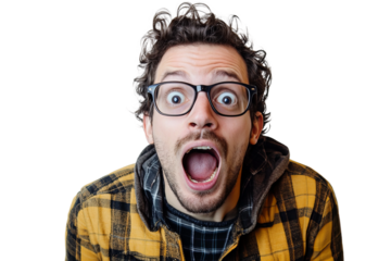 30 year old man with his mouth wide open isolated on transparent background