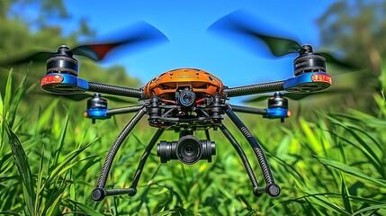 Drone Flying Green Field Outdoors.