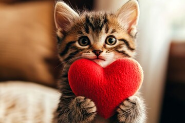 Donskoy - my beloved cat, symbol of care. Promotion domestic animal creative. Cute donskoy kitty with animal toy red heart at cozy homestead. Valentine's day magic. Love-themed cat art.
