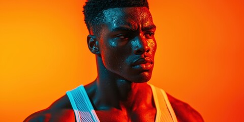Dynamic athletic portrait of a focused male athlete studio setting high-contrast lighting close-up view fitness motivation