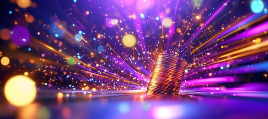 Glowing Coins Surrounded by Colorful Lights and Sparkles