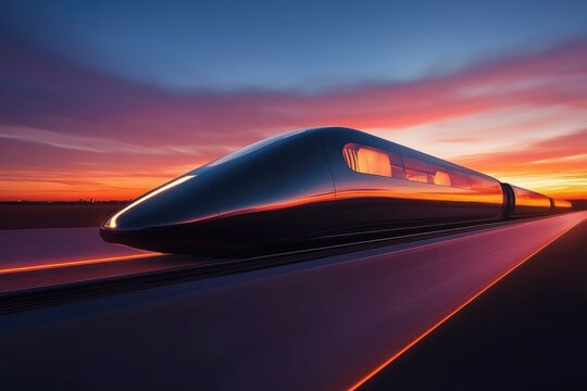A sleek, futuristic hyperloop train speeds across a vibrant sunset landscape.