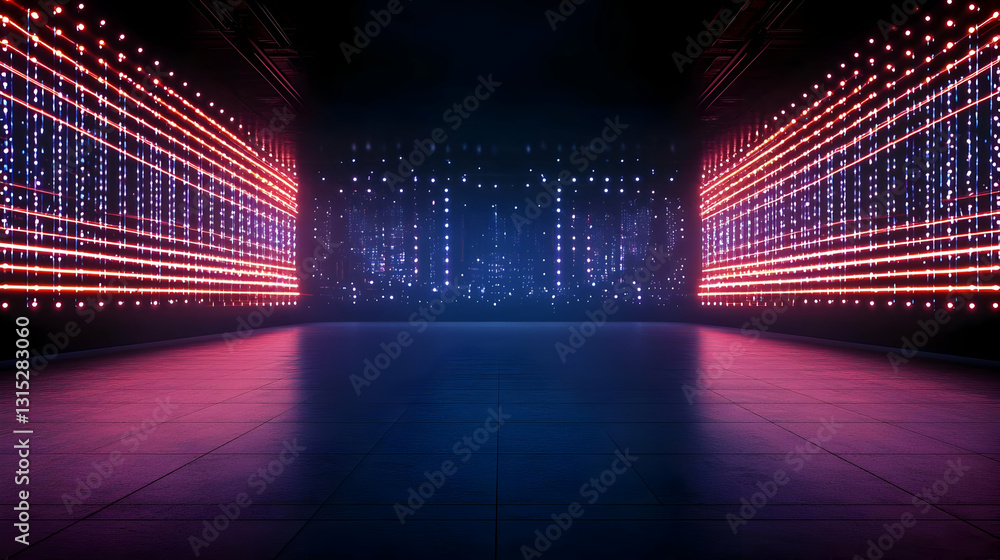 Poster dark empty room with neon lights reflecting on a wet floor futuristic background design with glowing