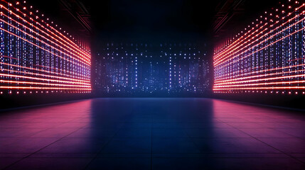 Dark Empty Room With Neon Lights Reflecting On A Wet Floor Futuristic Background Design With Glowing Lines In Pink And Blue