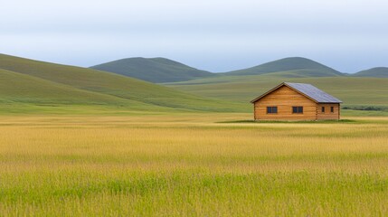 Wooden cabin in a golden field, rolling hills in the background