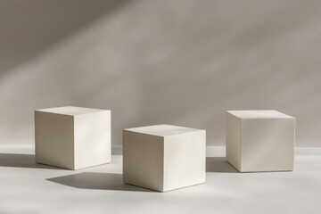 Naklejka premium Three white cube podiums on a light surface with shadows.
