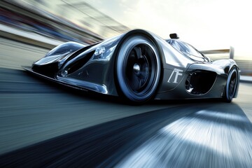 A sleek, futuristic race car speeds down a track, blurring motion creating a sense of intense velocity and power.
