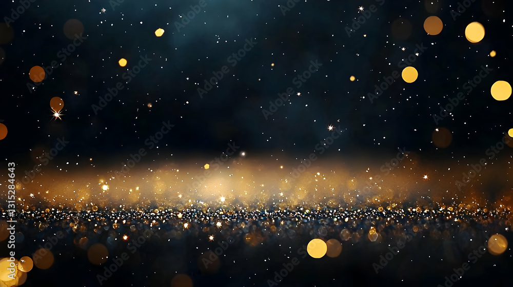 Poster dark abstract background with gold glitter and bokeh lights creating festive backdrop for celebratio