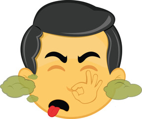 vector illustration yellow emoji character male, hold and covering the nose, with green clouds of ugly and disgusting smell