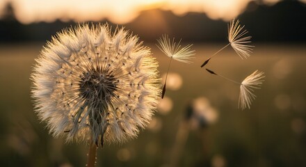 Obraz premium Dandelion Seed Head with Seeds Dispersing at Sunset in a Field