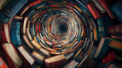 Spiral tunnel of books. Infinite - Universe. Illustration