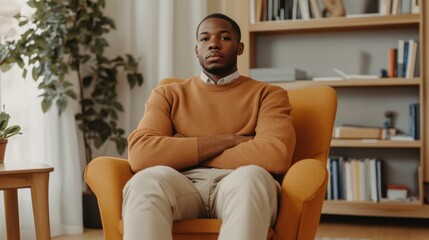 Thoughtful young man sitting in an orange armchair at home