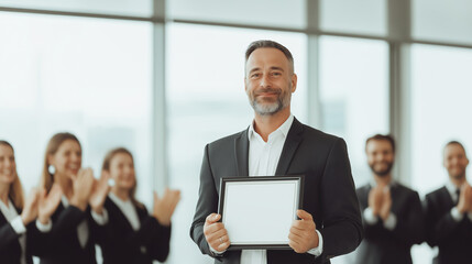 Professional celebration of achievement in a modern office setting with applause from colleagues in business attire and a proud recipient holding a certificate