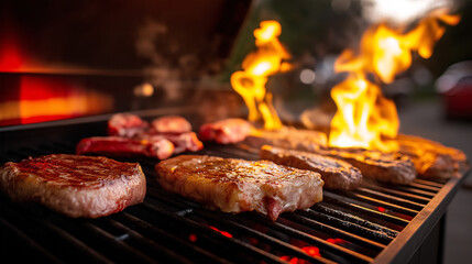 Juicy, perfectly cooked steaks sizzle on a charcoal grill, surrounded by glowing flames. Friends enjoy a vibrant summer day outdoors, savoring the delicious barbecue aromas