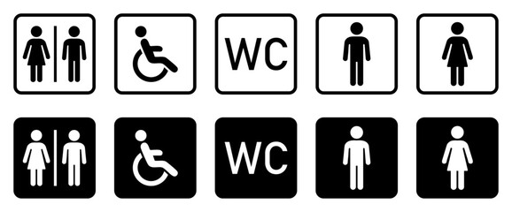Wc toilet icons set. Male and Female gender symbol. Toilet for boys, girl and disabled people sign with wc text. Lavatory concept. Vector illustration for business and advertising. Flat design.